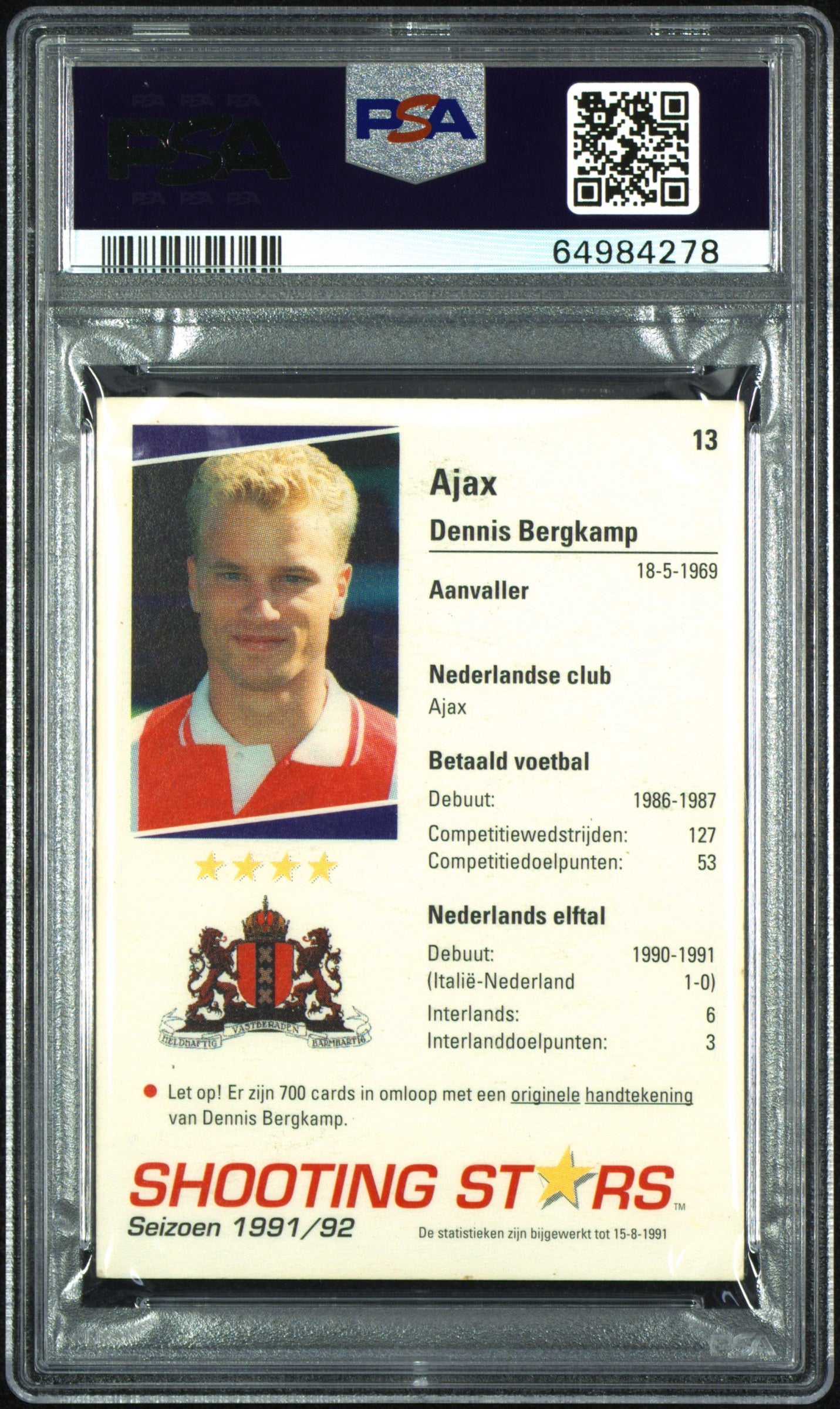 1991 - 92 Merlin Dennis Bergkamp shooting stars ROOKIE PSA 4