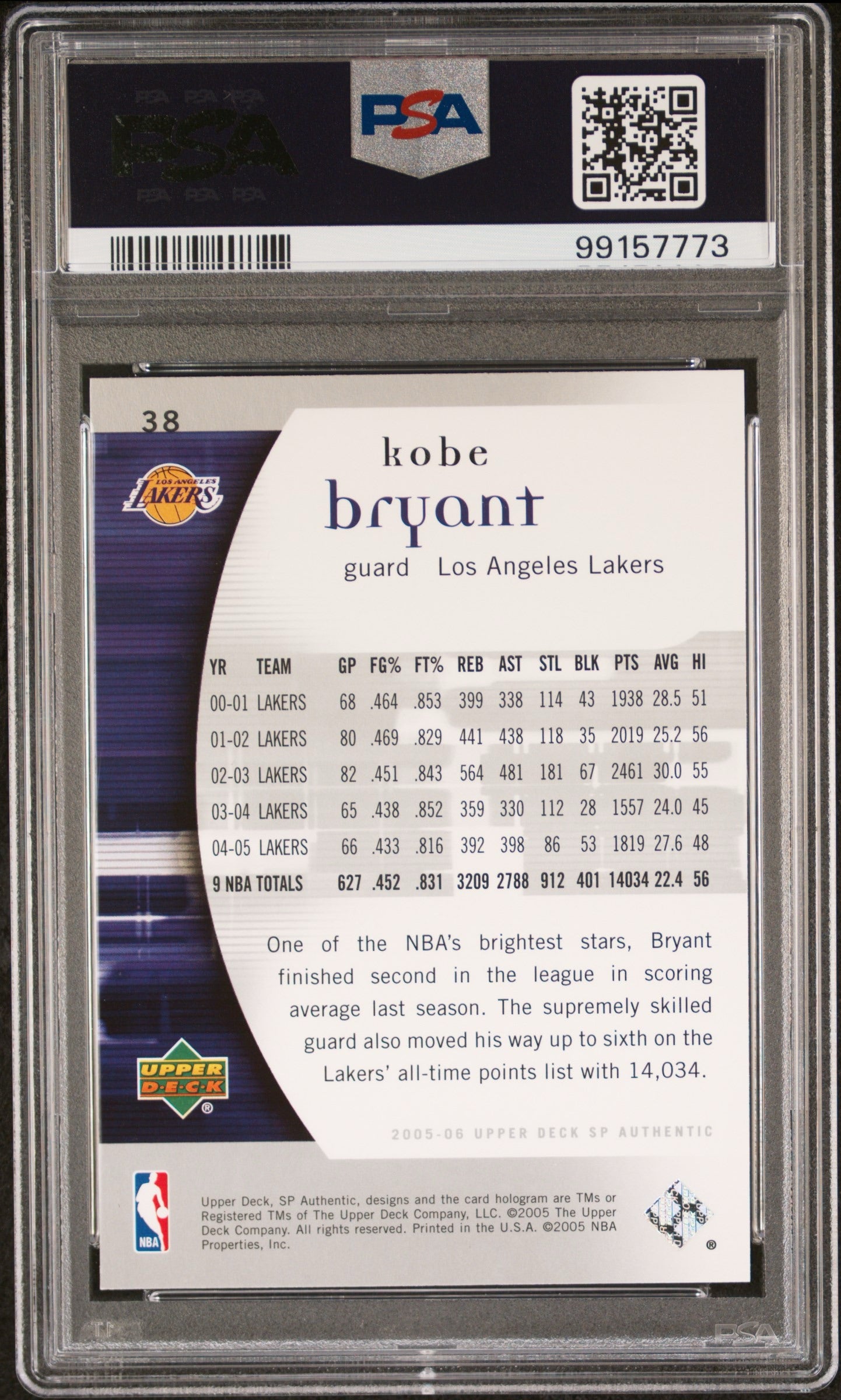 2005 SP Authentic Kobe Bryant PSA 9
