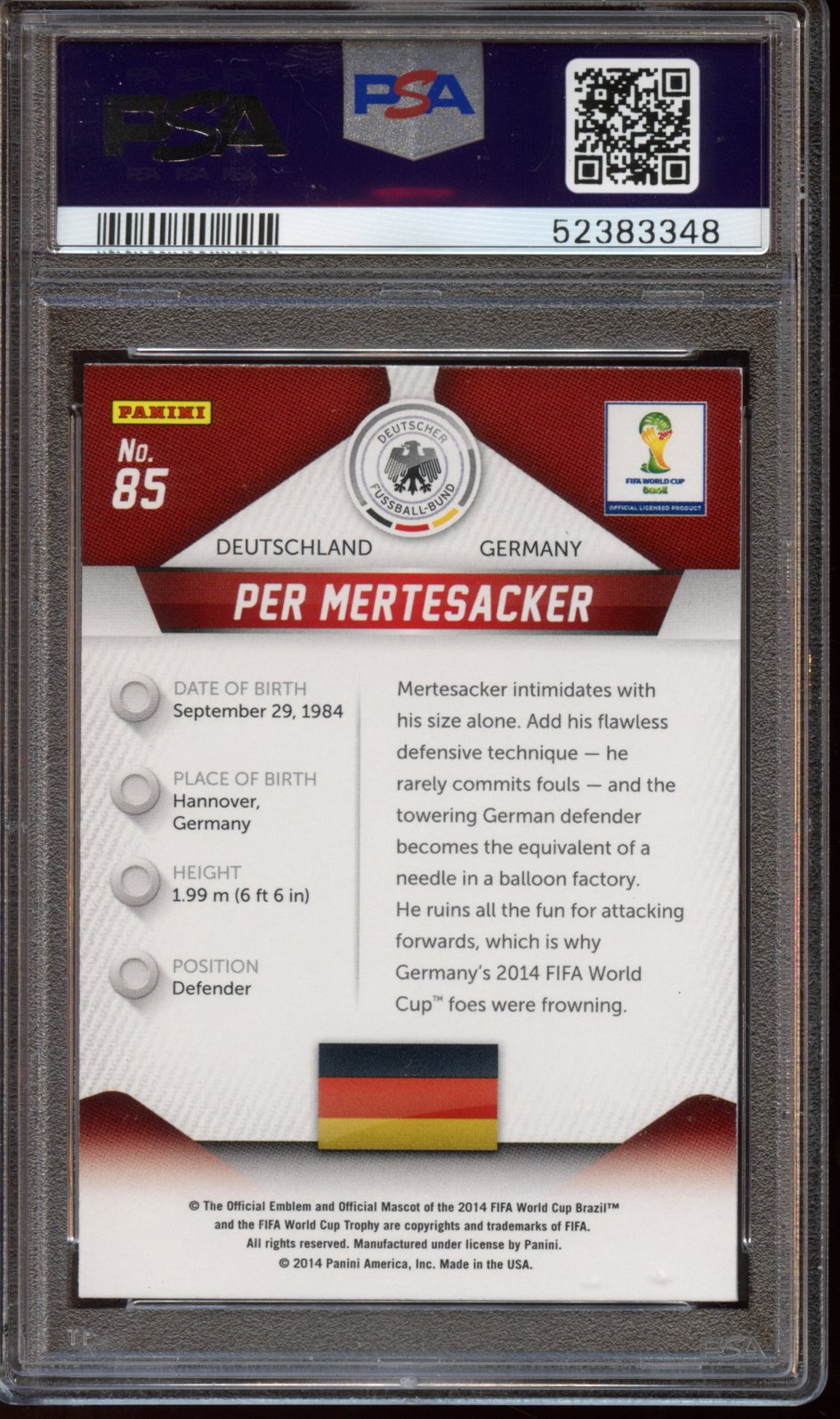 2014 Panini Prizm Per Mertesacker WORLD CUP PSA 9