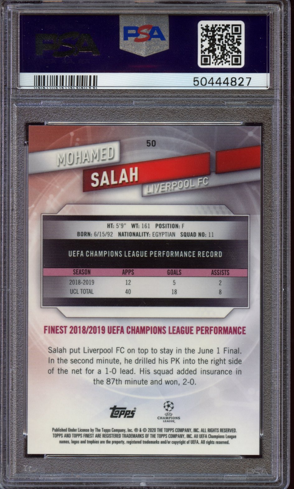 2019 Topps Finest Mohamed Salah Purple Refractor /250 PSA 10