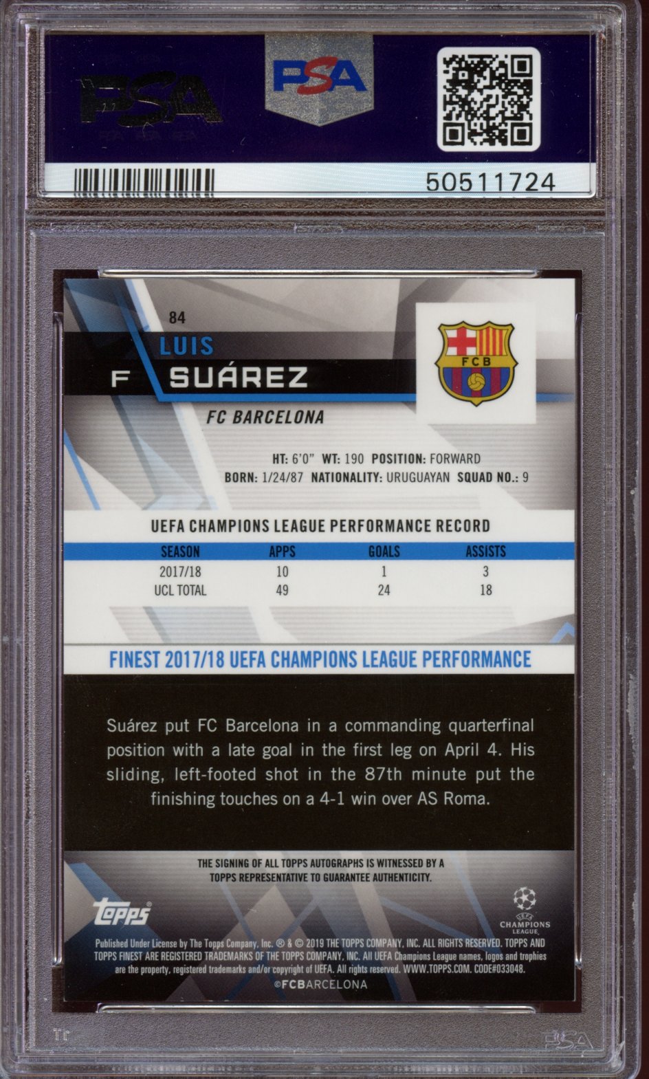 2018 Topps Finest UEFA Luis Suarez AUTO PSA 10