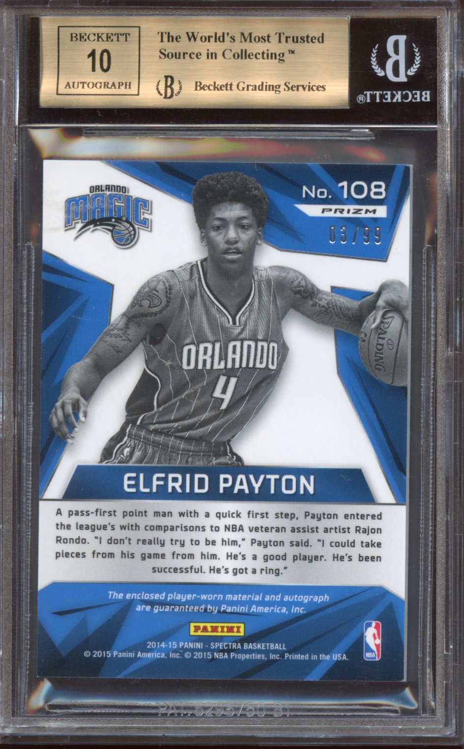 2014-15 Panini Spectra prizms blue Elfrid Payton AUTO /99 BGS 9.5