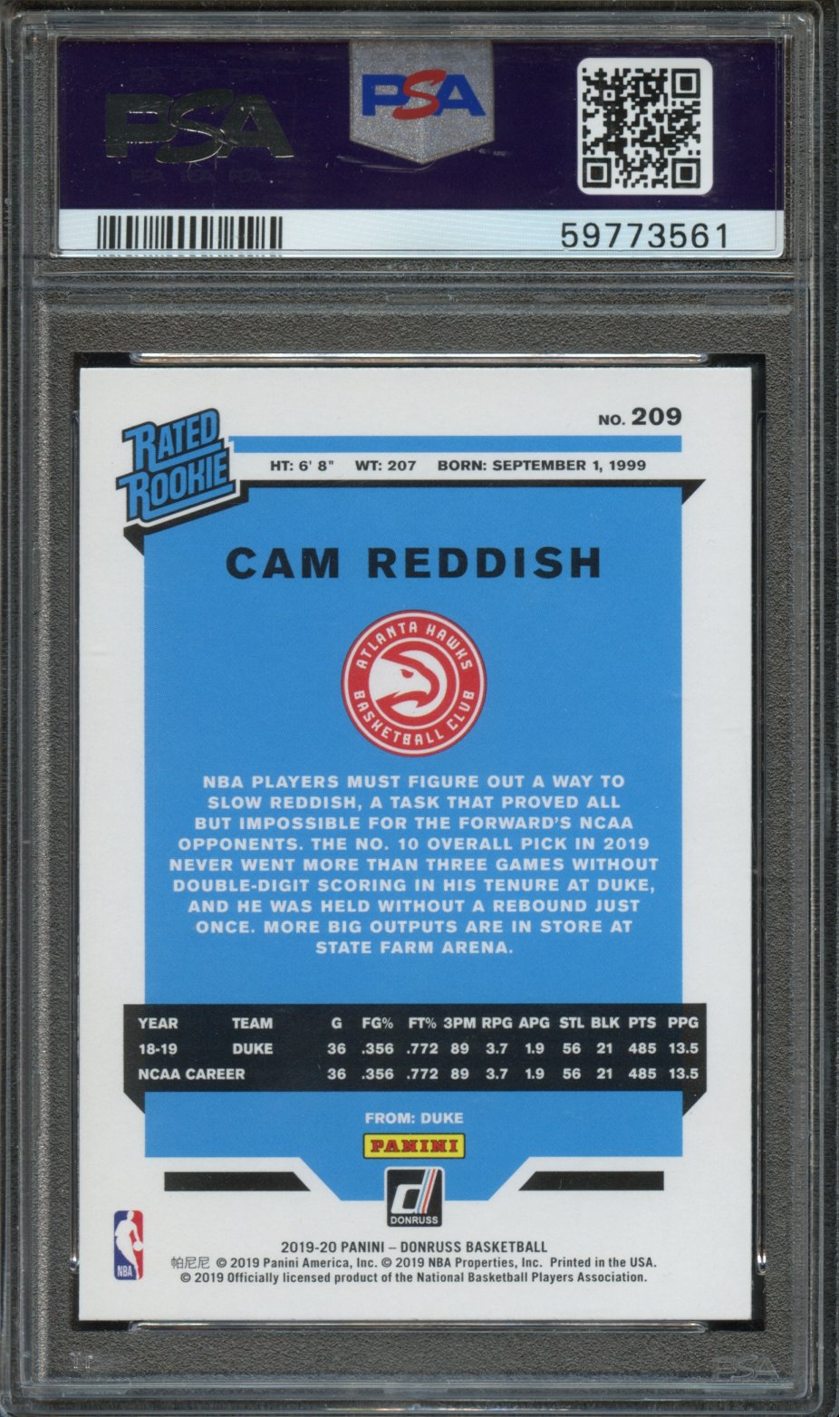2019 Panini Donruss Cam Reddish PSA 10