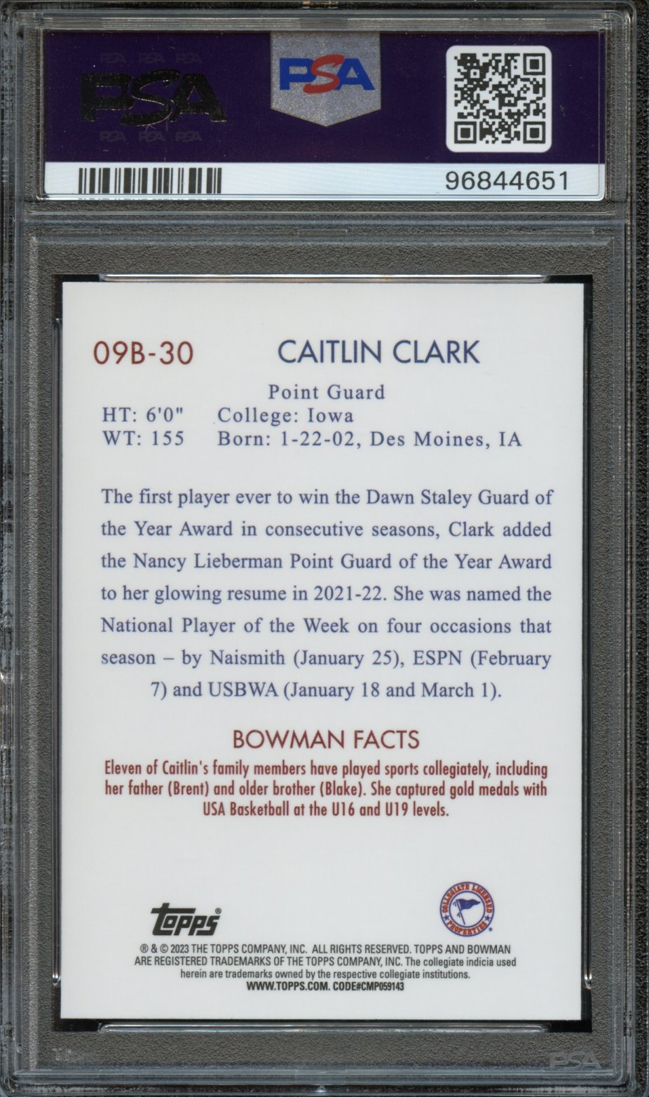 2022 Bowman University Caitlin Clark PSA 10