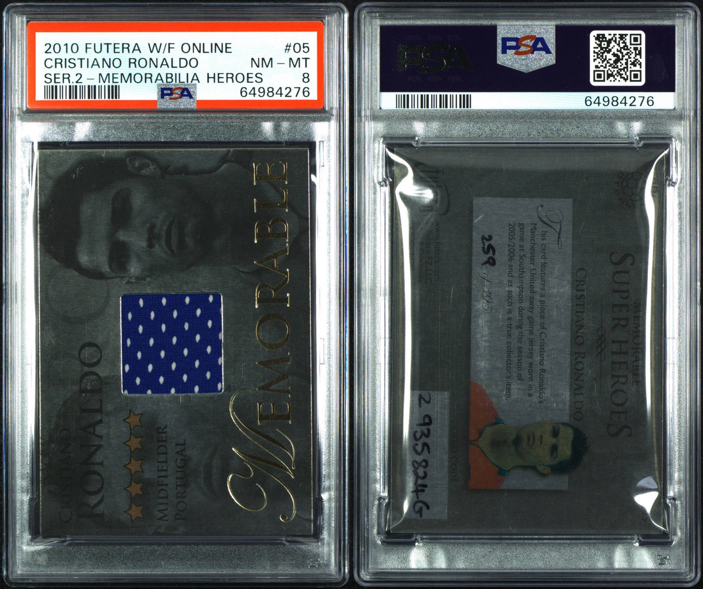 2010 Futera World Football Online Cristiano Ronaldo Patch 259/395 PSA 8