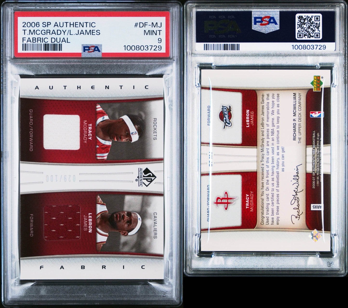 2006 SP Authentic Tracy Mcgrady / Lebron James Fabric Dual Patch 029/100 PSA 9