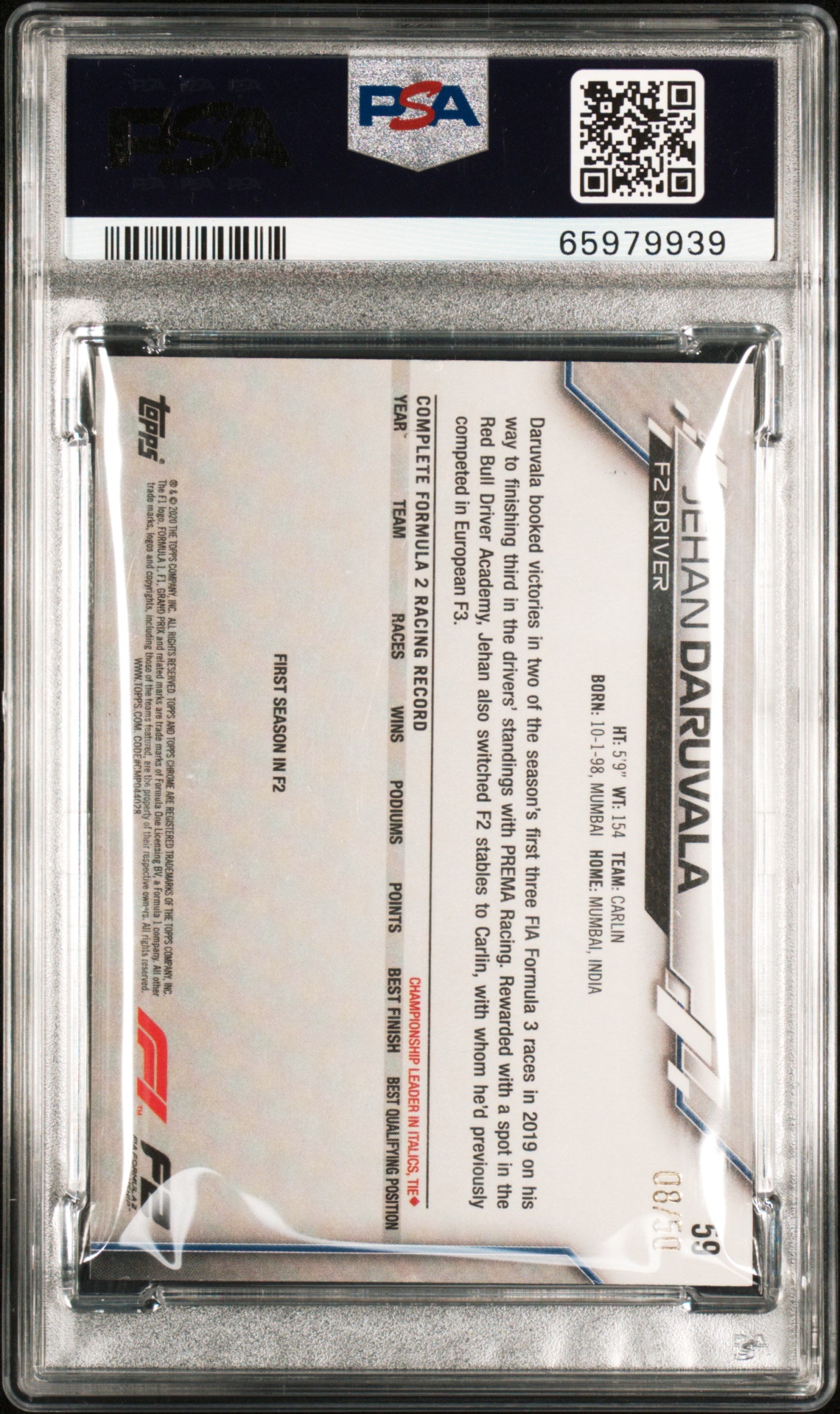 2020 Jehan Daruvala Gold Wace Refractor PSA 8