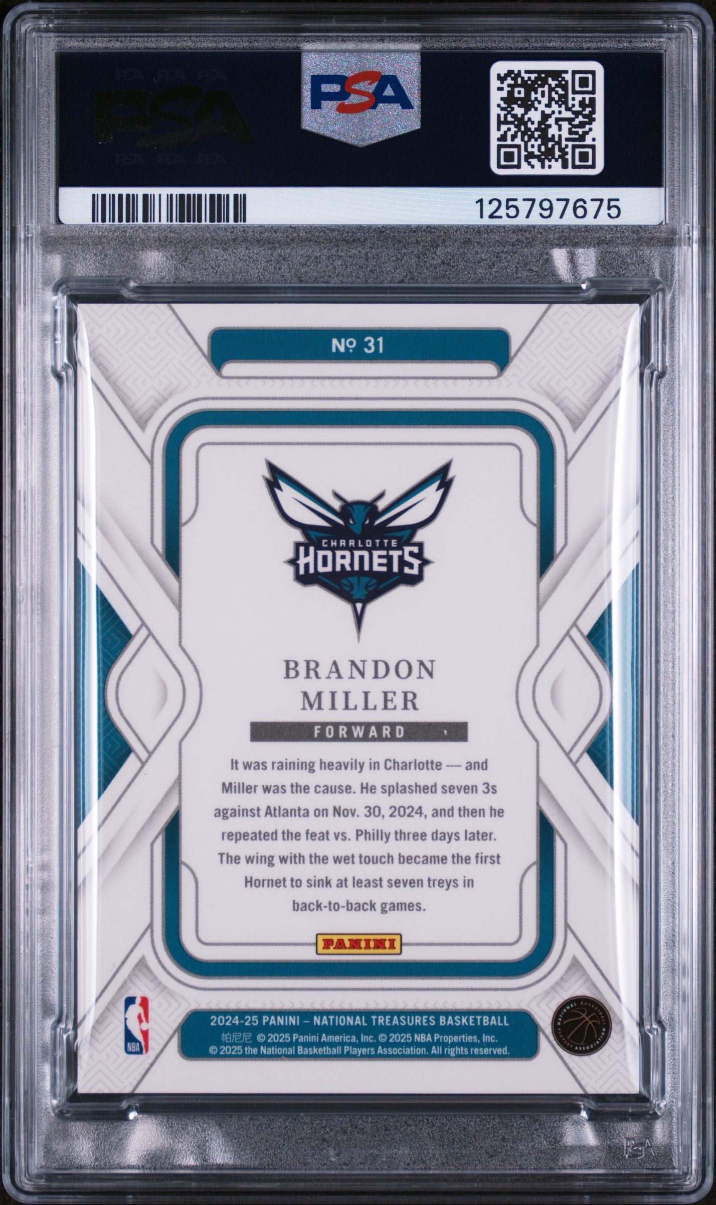 2024 Panini National Treasures Brandon Miller Royal PSA 8