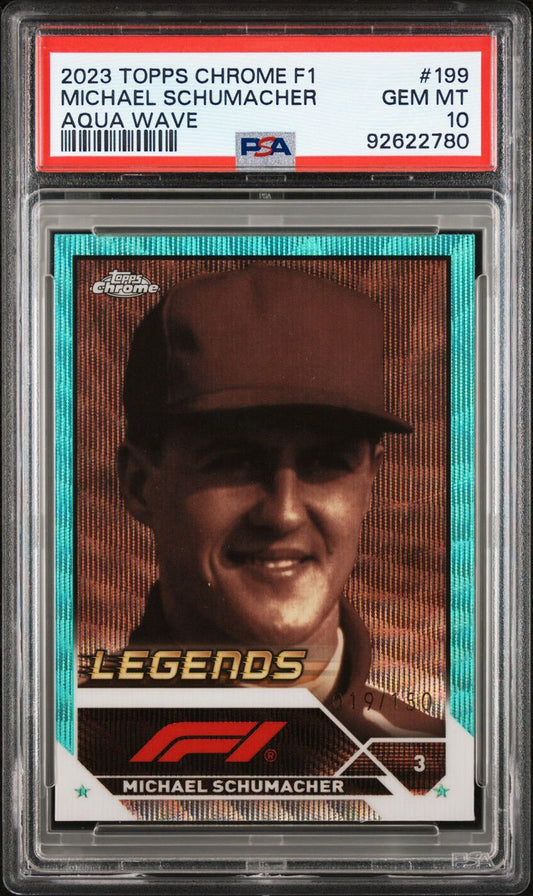 2023 TOPPS CHROME FORMULA 1 AQUA WAVE MICHAEL SCHUMACHER 019/150 PSA 10