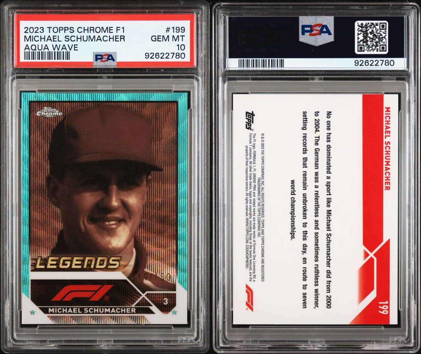 2023 TOPPS CHROME FORMULA 1 AQUA WAVE MICHAEL SCHUMACHER 019/150 PSA 10