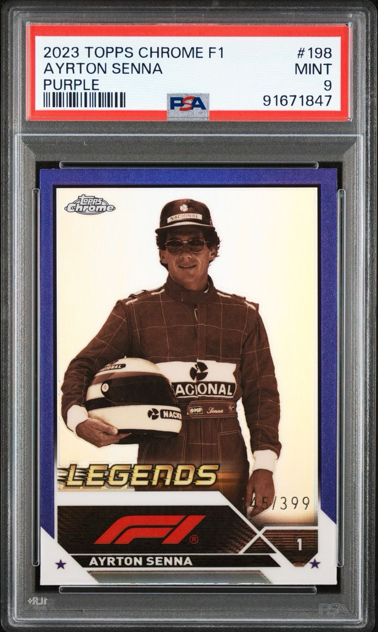 2023 TOPPS CHROME FORMULA 1 Ayrton Senna 145/399 Purple PSA 9