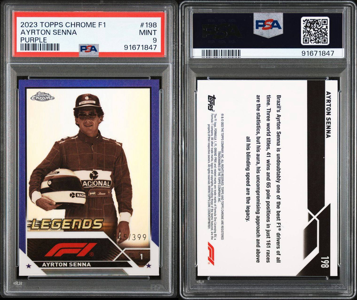 2023 TOPPS CHROME FORMULA 1 Ayrton Senna 145/399 Purple PSA 9