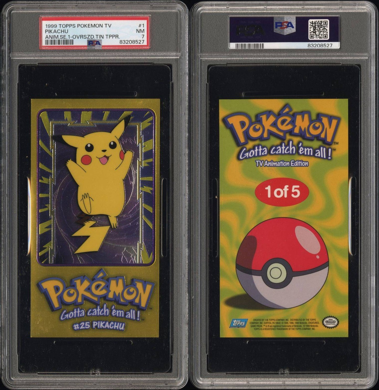 1999 Topps Pokemon TV Tin Topper Pikachu PSA 7