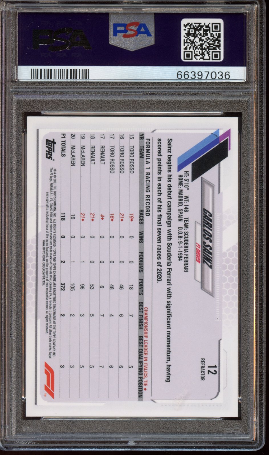 2021 Topps Chrome F1 Carlos Sainz Refractor PSA 9