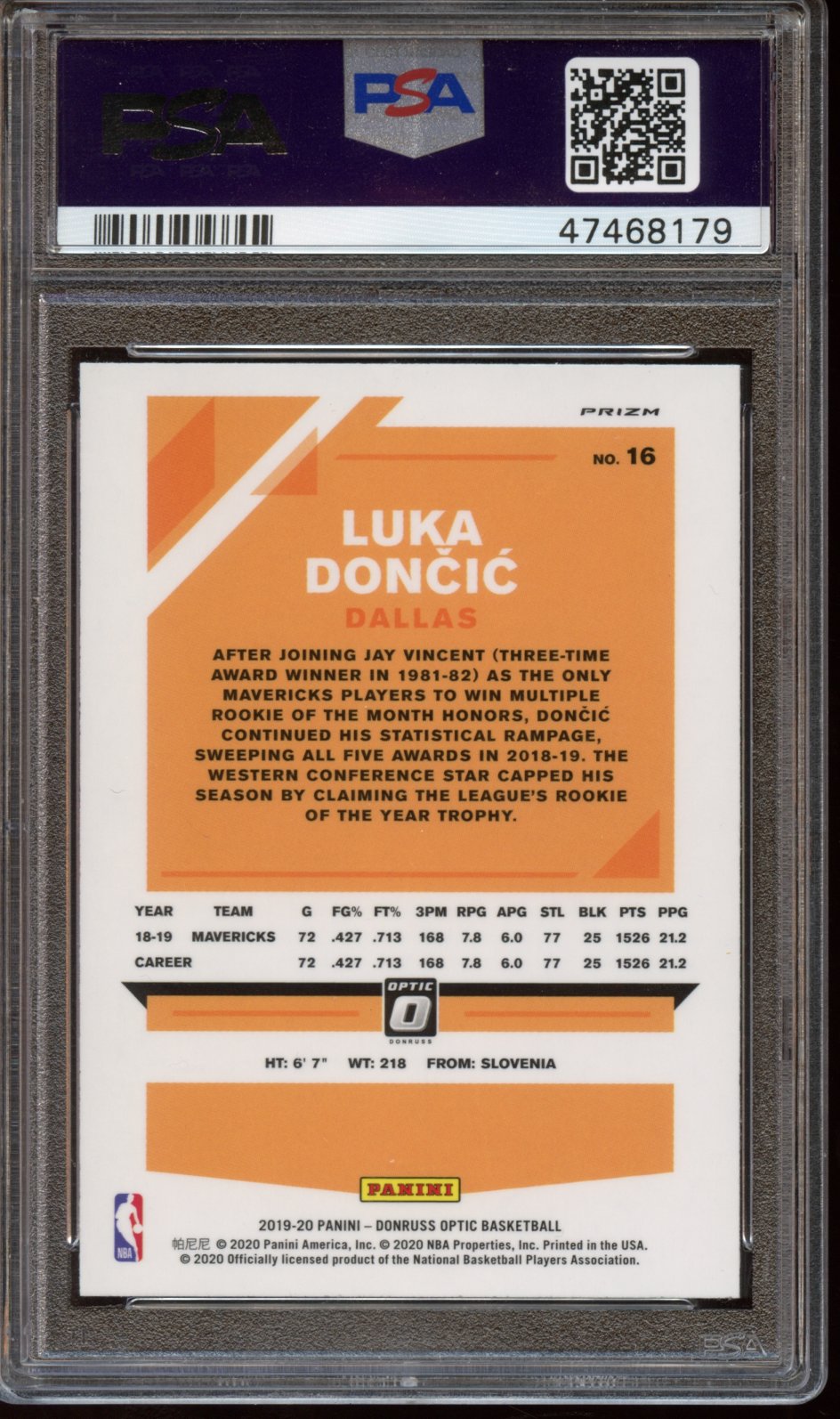 2019 Panini Donruss Optic Luka Doncic HOLO PSA 9