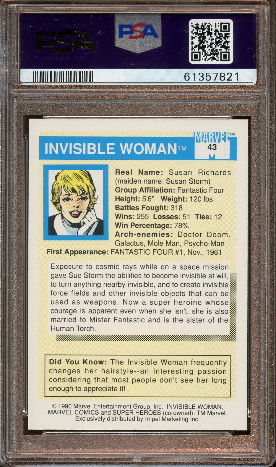 1990 Marvel Universe Invisible Woman PSA 9