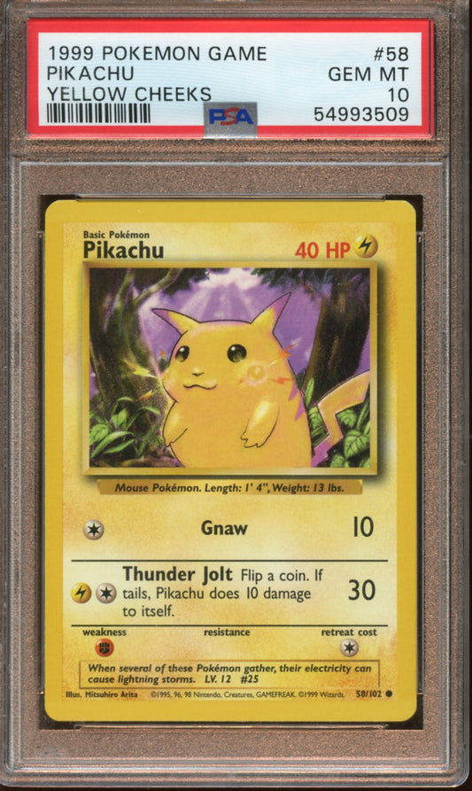 1999 Pikachu Yellow Cheeks base set PSA 10